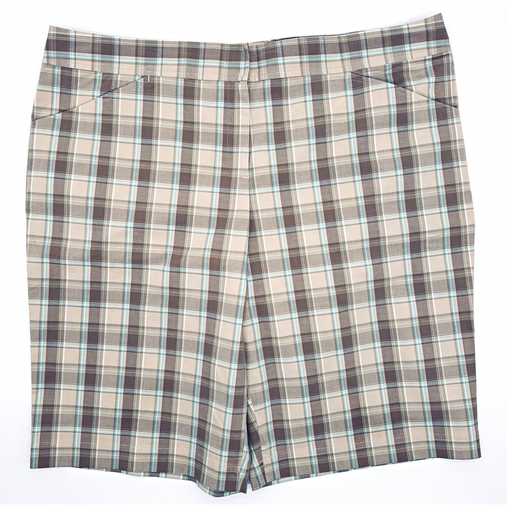 IZOD Women’s Golf Stretch Plaid Flat Front Shorts Beige Brown Blue Size 16